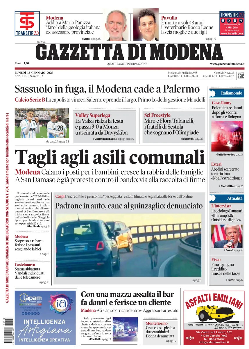 Prima-pagina-gazzetta di modena-oggi-edizione-del-2025-01-13